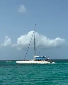 Scarlet, a 20-guest sailing catamaran yacht, under sail on blue water