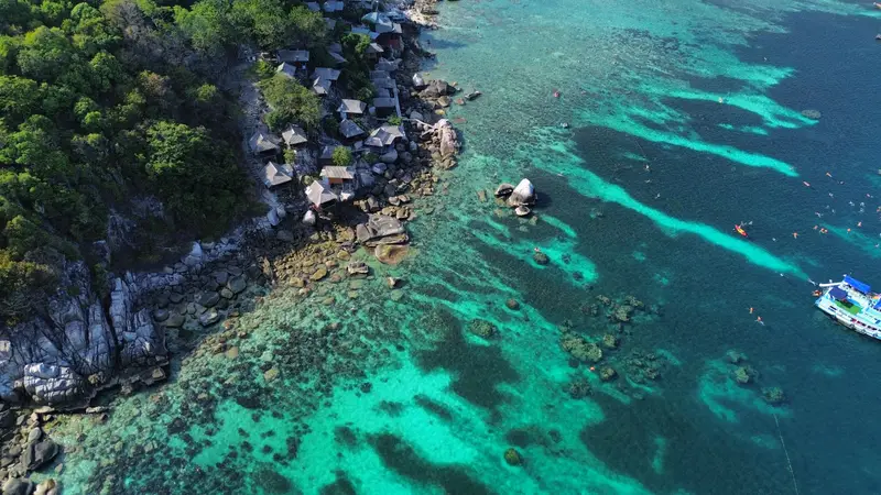 Aerial view of a clear-water bay on Koh Tao, Thailand